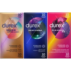 Durex - Nude Extra Lube Condooms 10 stuks, Pleasure Me Condooms 10 stuks & Performa Condooms 10 stuks - Pakket
