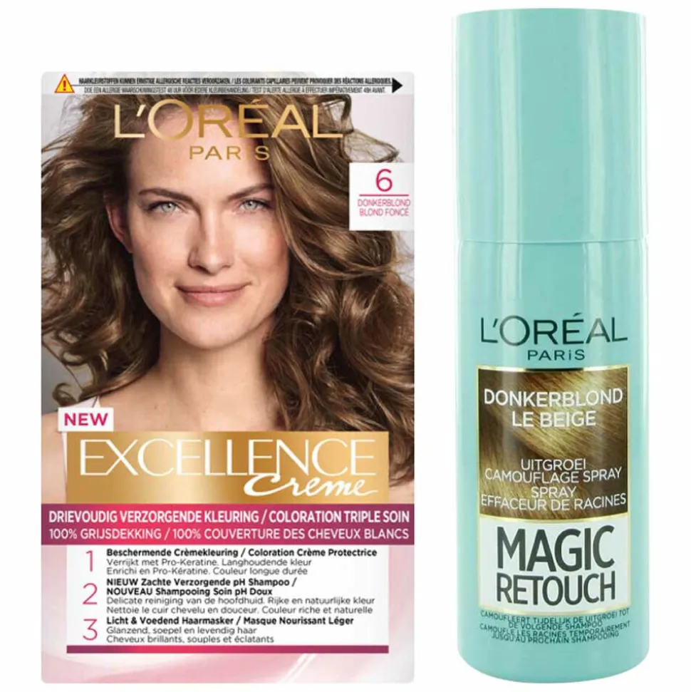 L'Oréal Excellence Creme 6 Donker Blond + Magic Retouch Uitgroeispray Donkerblond 75 ml Pakket