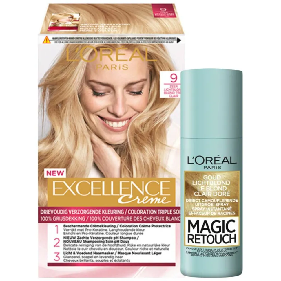L'Oréal Excellence Creme 9 Zeer Licht Blond + Magic Retouch Uitgroeispray Blond 75 ml Pakket