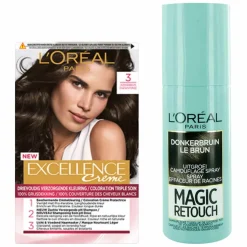 L'Oréal Excellence Crèmekleuring 3 Donkerbruin 1x & Magic Retouch Uitgroeispray Bruin 1x 75 ml Pakket