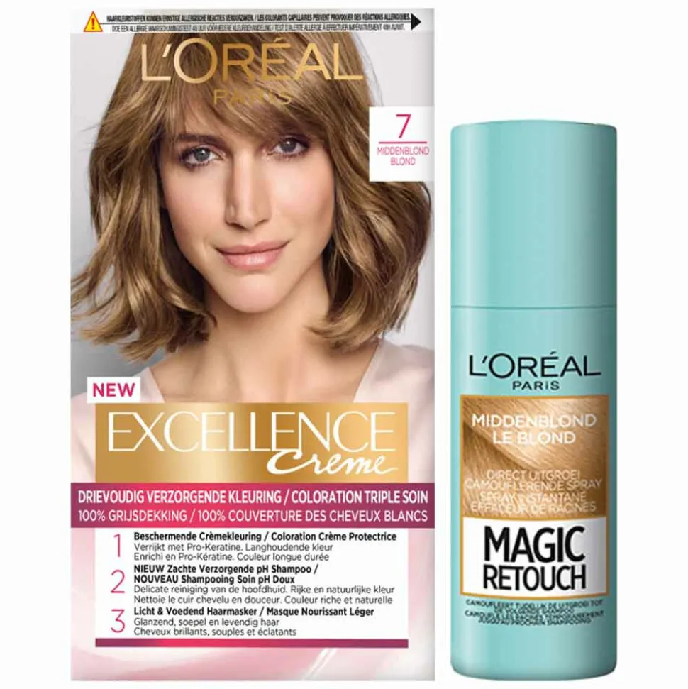 L'Oréal Excellence Crèmekleuring 7 Middenblond 1x & Magic Retouch Uitgroeispray Middenblond 1x 75 m Pakket