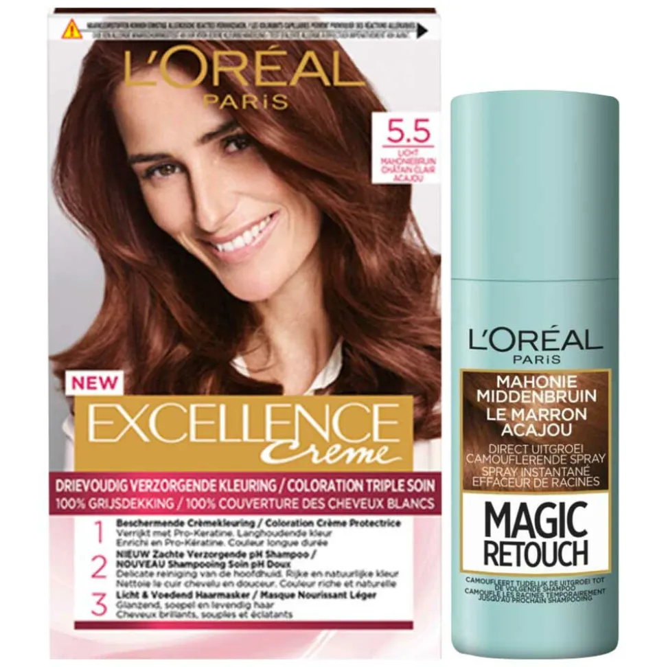 L'Oréal Excellence Mahonie Haarverf Middenbruin en uitgroei set Pakket