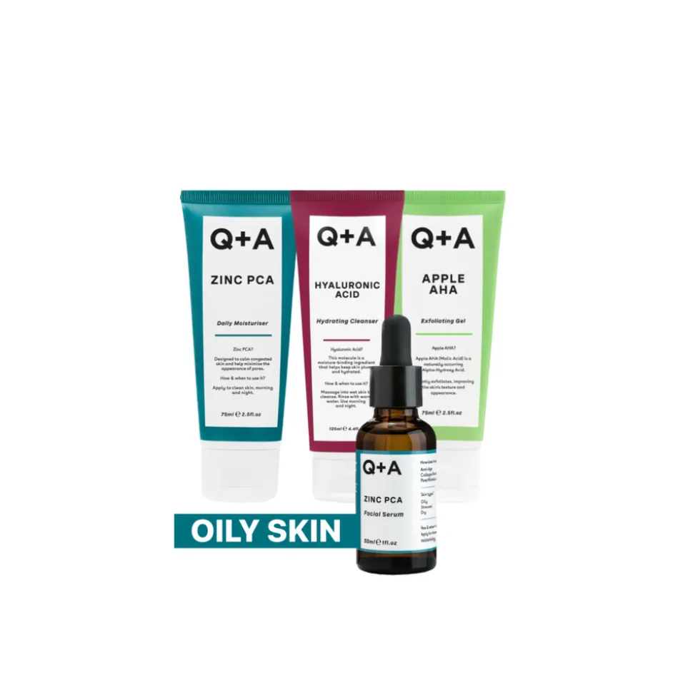 Q+A Oily Skin - Reinigingsgel 1x 125 ml & Exfoliant 1x 75 ml & Gezichtsserum 1x 30 ml & Moisturiser 1x 75 ml - Pakket