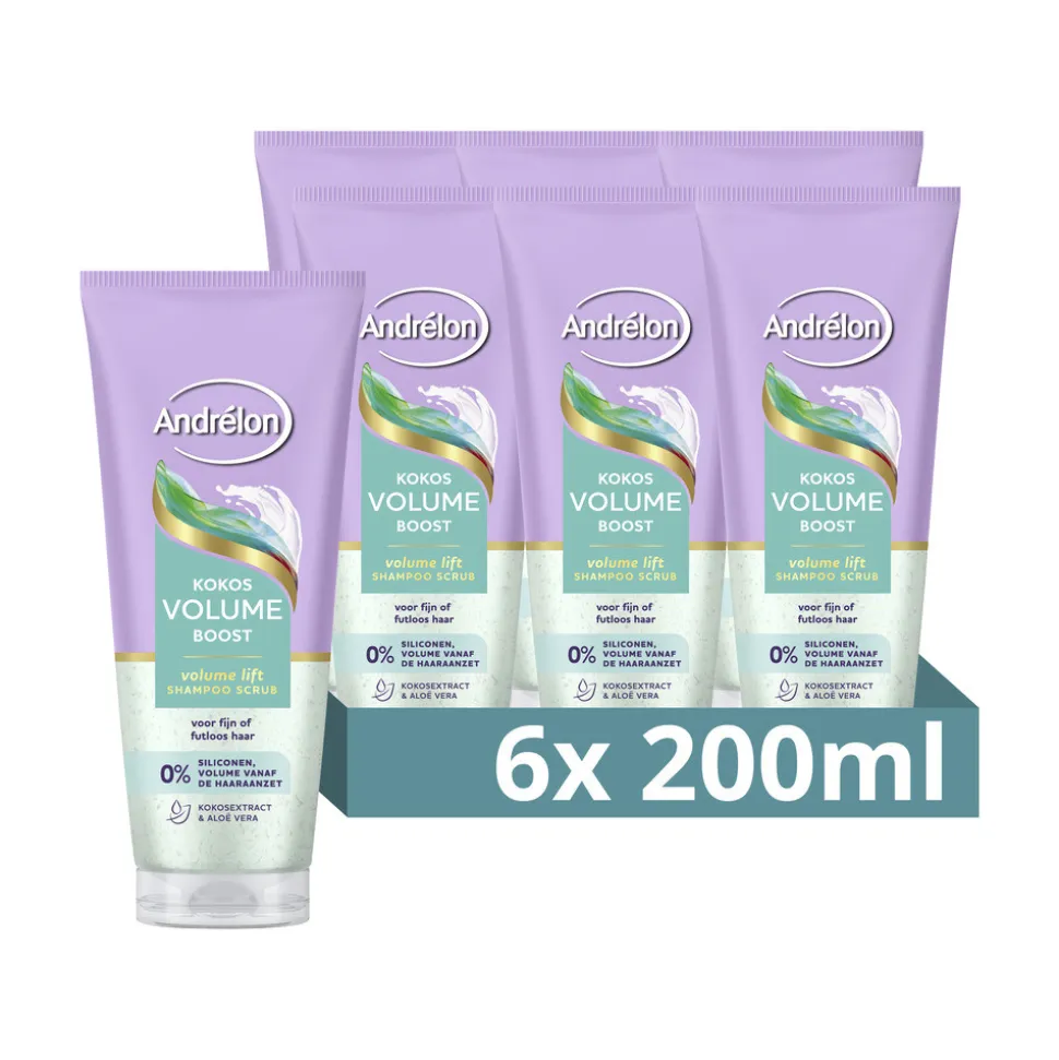 6x Andrélon Shampoo Scrub Kokos Volume Boost 200 ml