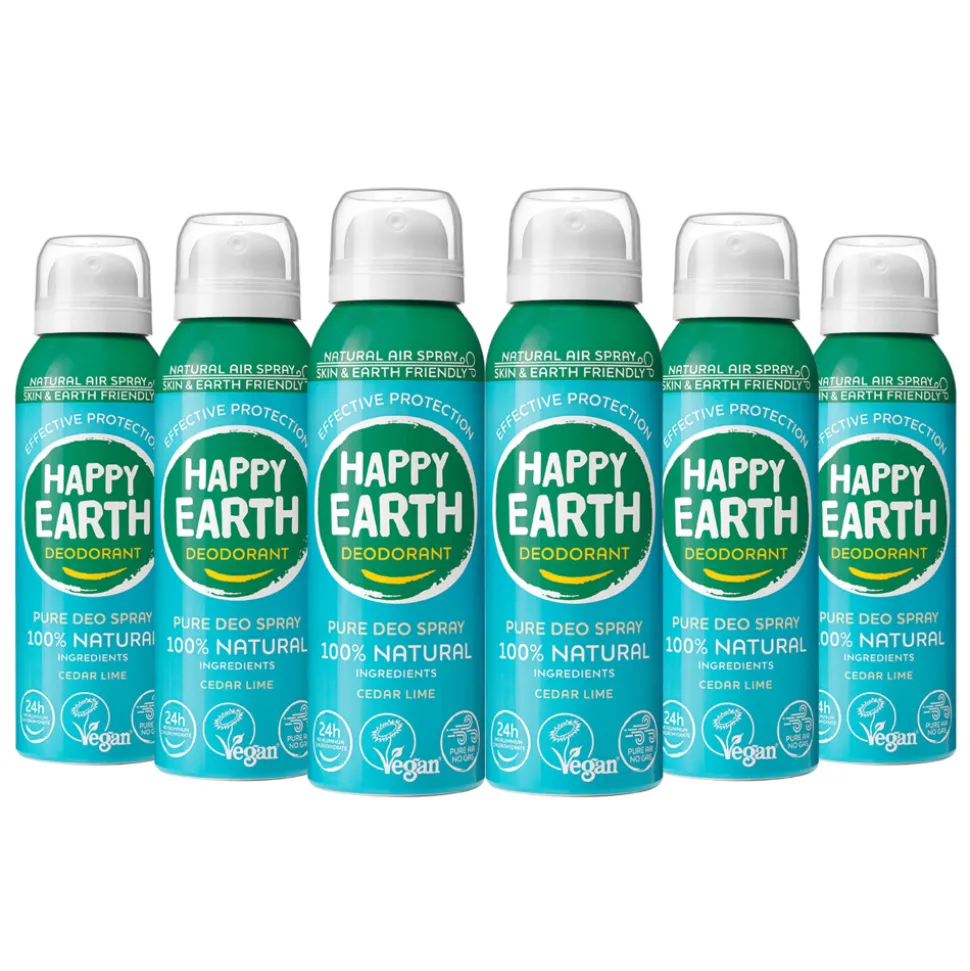 6x Happy Earth 100% Natuurlijke Deodorant Natural Air Spray Cedar Lime 100 ml
