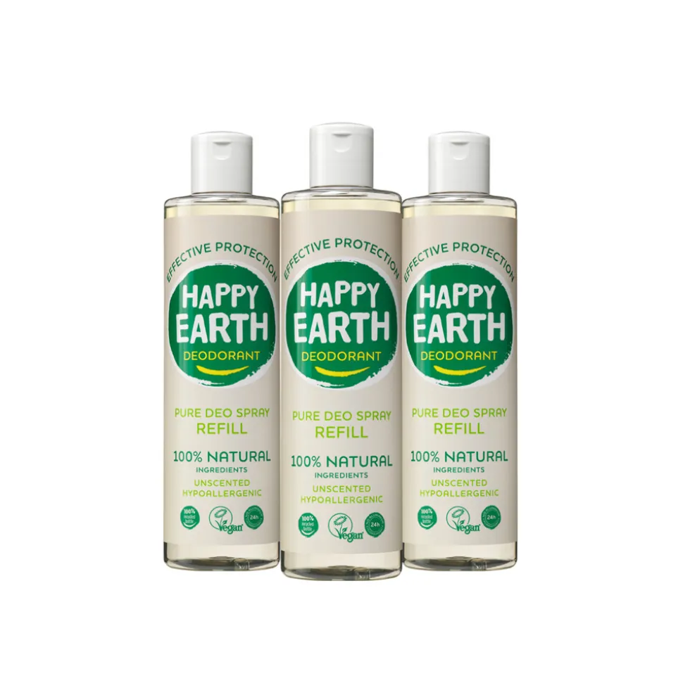 3x Happy Earth 100% Natuurlijke Deo Spray Navulling Unscented 300 ml