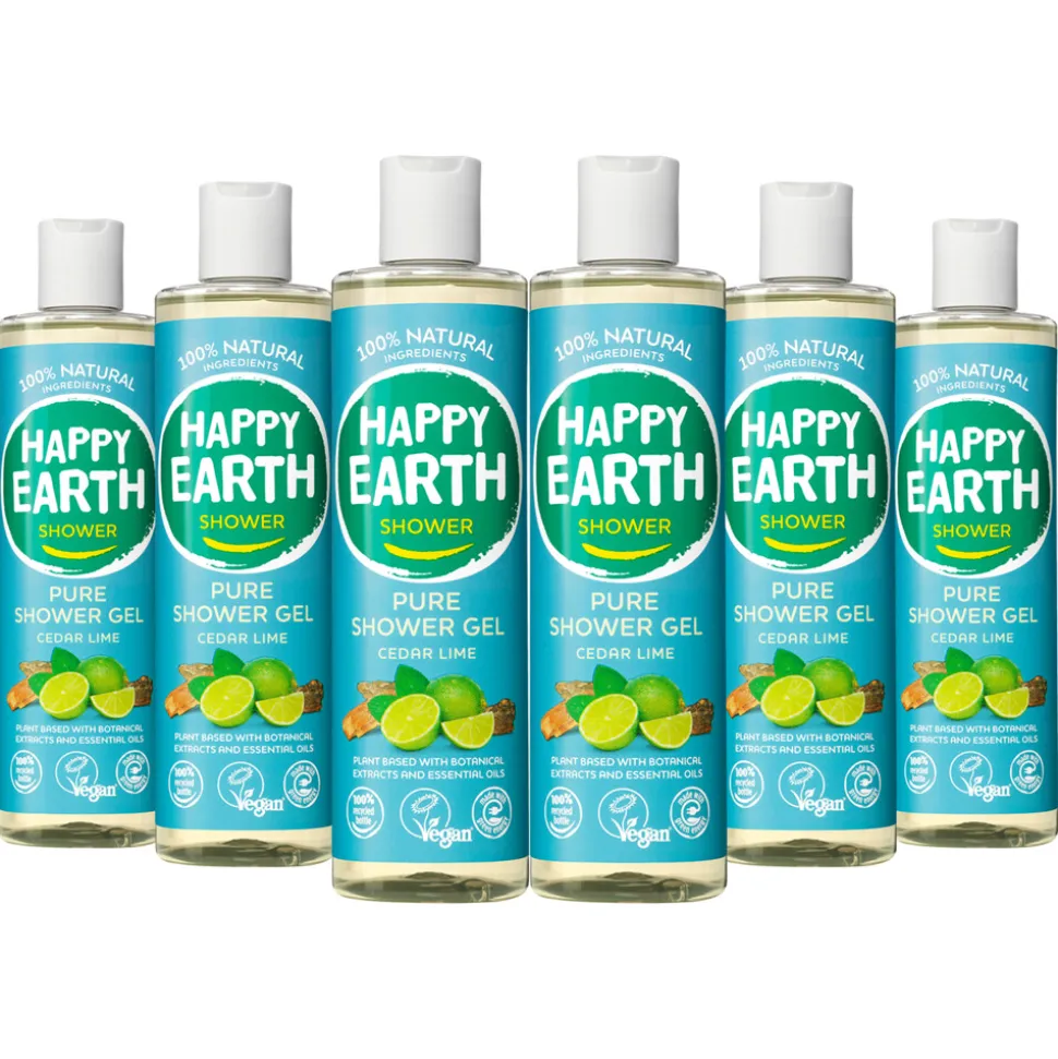 6x Happy Earth 100% Natuurlijke Douchegel Cedar Lime 300 ml