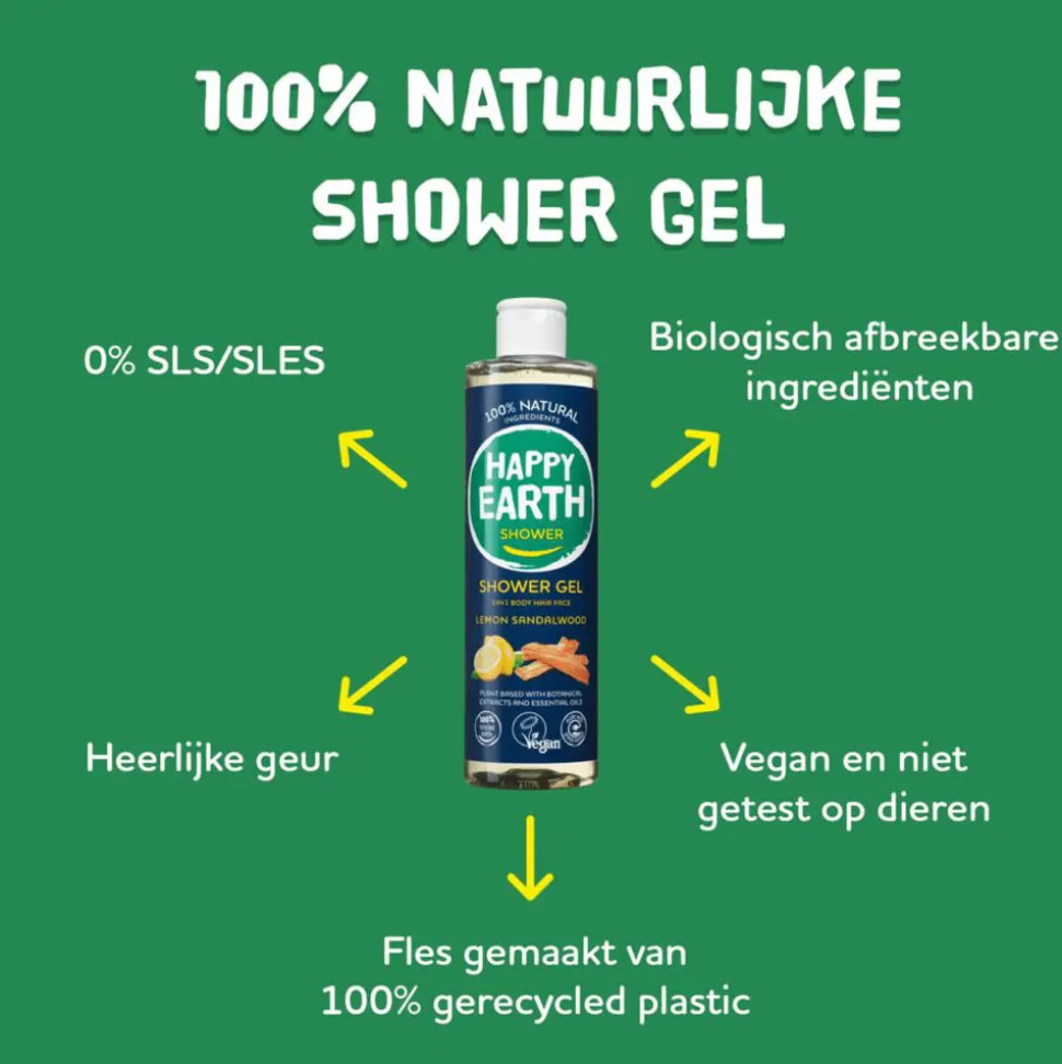 6x Happy Earth 100% Natuurlijke Douchegel Lemon Sandalwood 300 ml