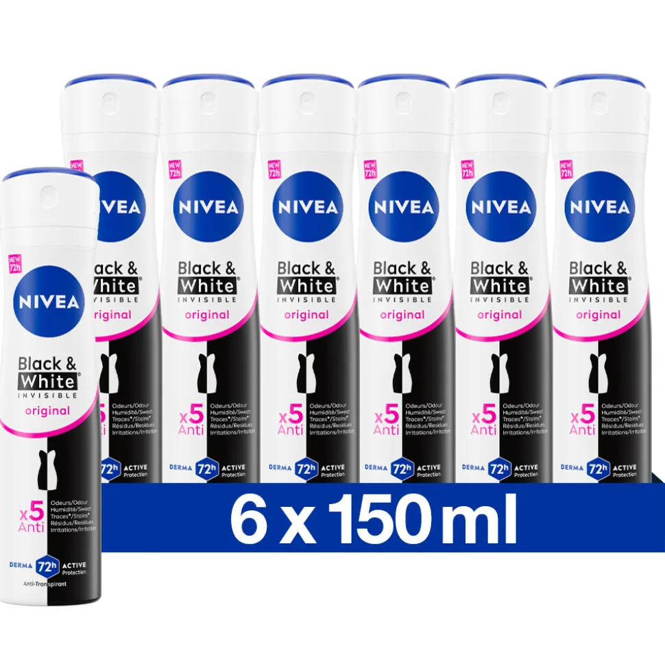 6x NIVEA Deodorant Spray Invisible For Black & White Clear 150 ml